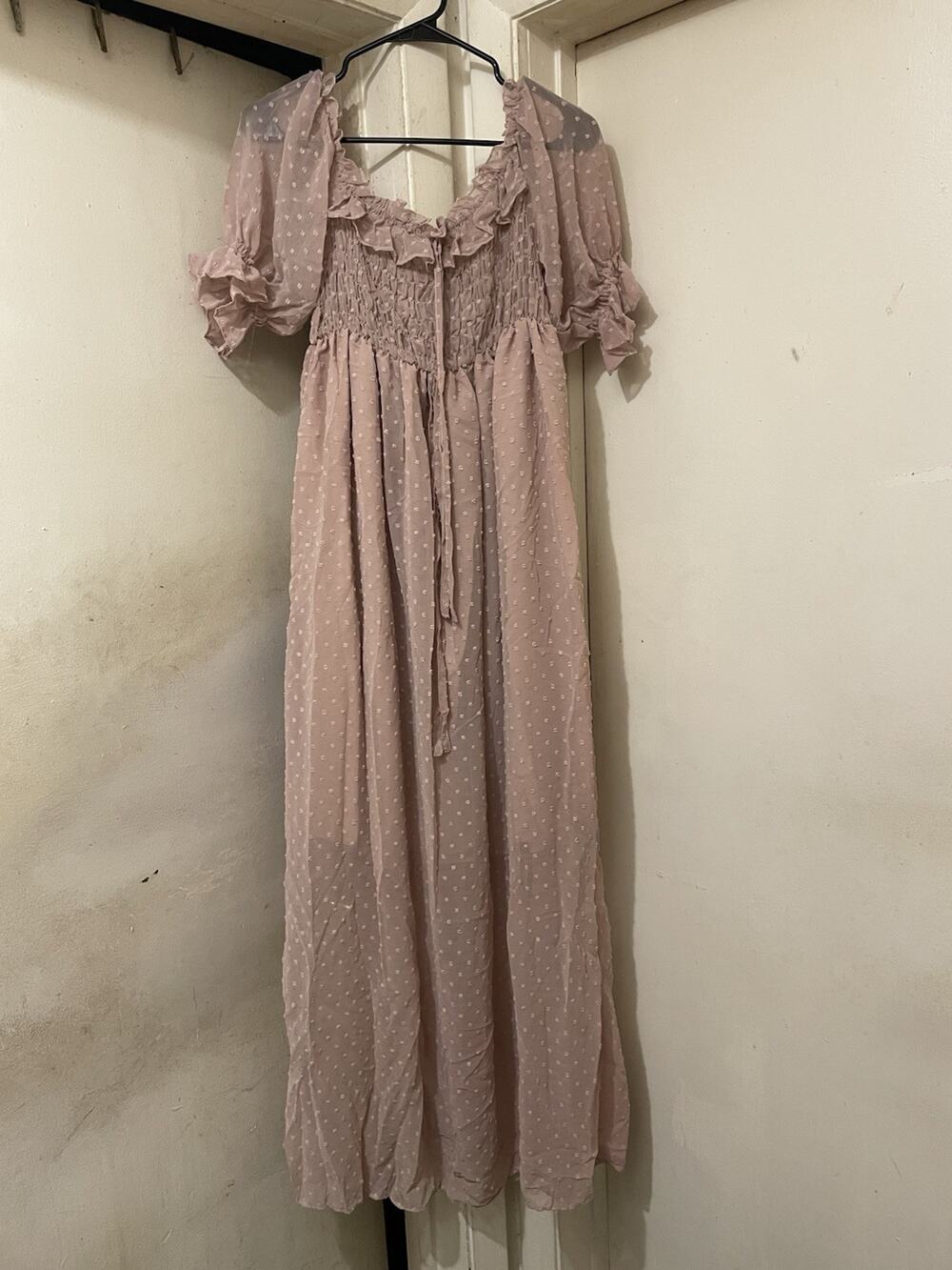 Boho Cottagecore Swiss Dot Maxi Dress Blush Pink Puff Sleeve Smocked Size Large